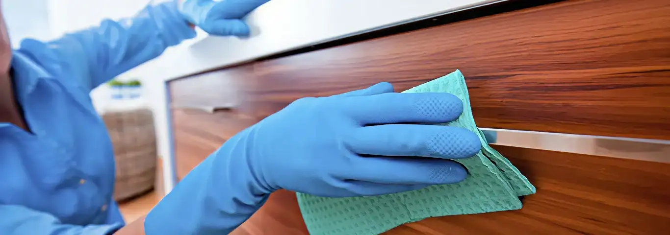 Cleaner wearing blue gloves wiping a wooden cabinet drawer with a microfiber cloth for dust and grime removal, Erie, PA.