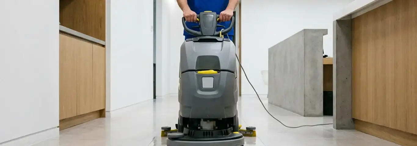 Janitorial staff using a floor scrubber machine to clean a commercial hallway, Erie, PA.
