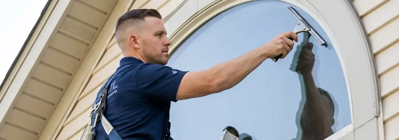 Professional window cleaner using a squeegee to clean an exterior arched window on a home, Erie, PA.