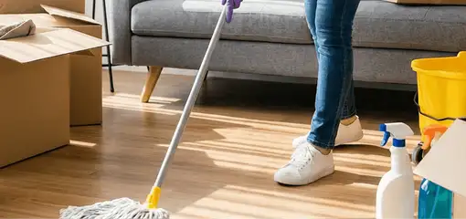 Move-out cleaning setup with a cleaner mopping hardwood floors near moving boxes and cleaning supplies, Erie, PA.