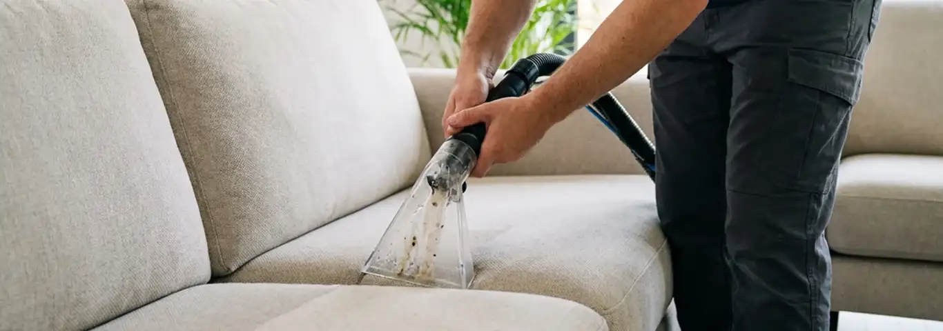Technician extracting dirt and moisture from a fabric sofa with an upholstery cleaning wand, Erie, PA.