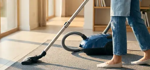 Person vacuuming a living room rug with a canister vacuum cleaner near large windows, Erie, PA.